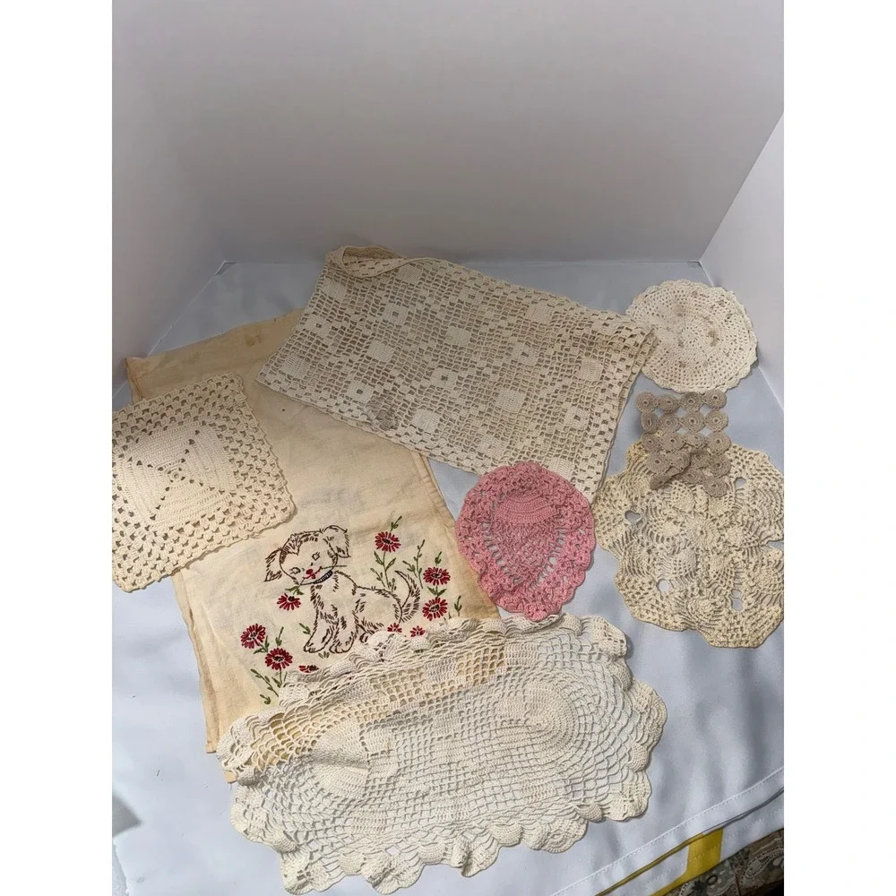 Vintage Crochet Doilies & Embroidered Puppy Linen Lot Shabby Chic Crafting 8pc